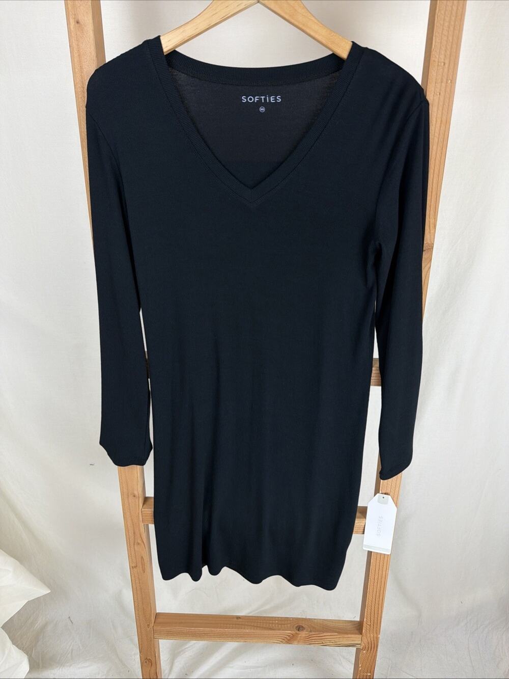 NWT Softies Black Long Sleeve V-Neck Lightweight Midi Nightgown #0967 XS